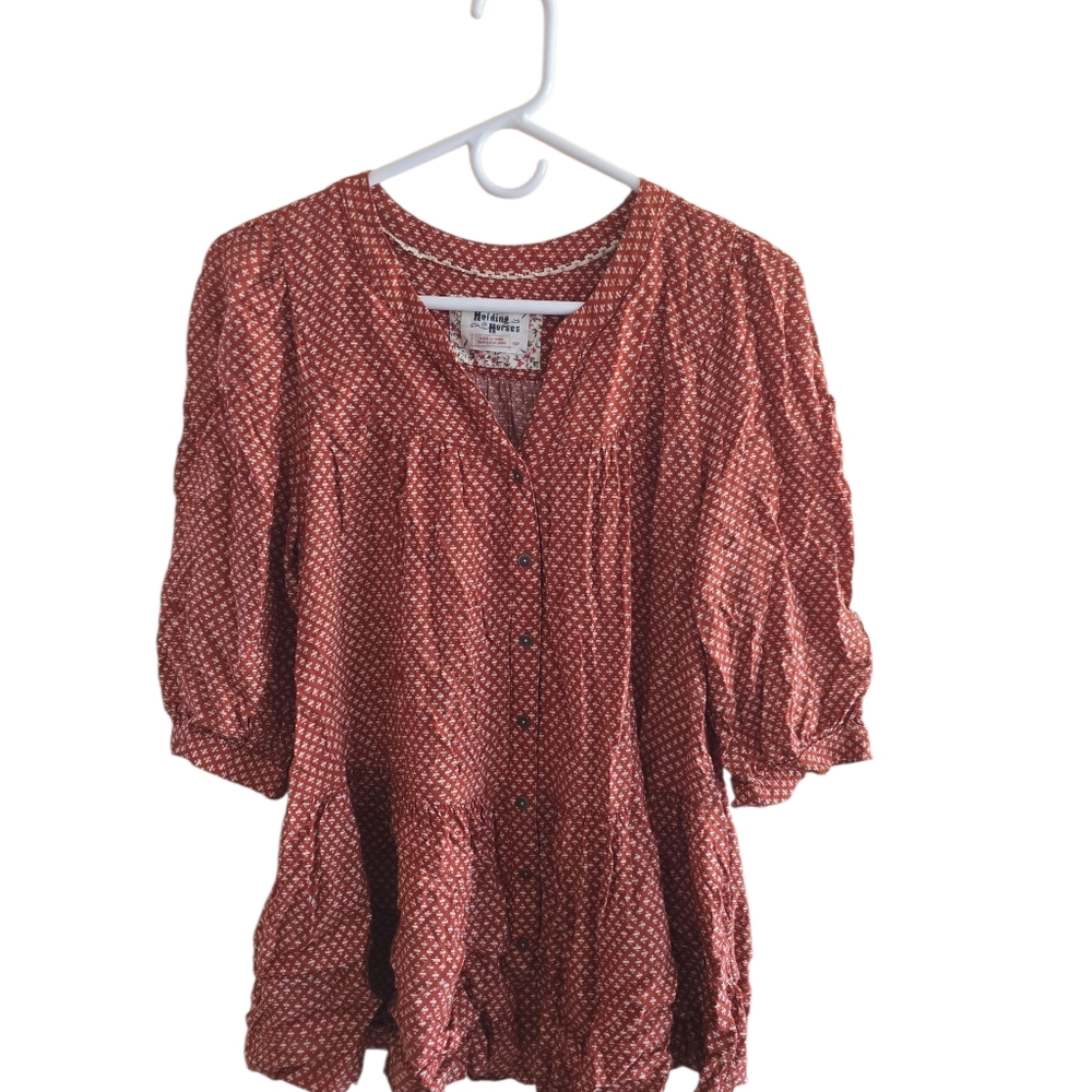 Holding Horses Rust And Cream Speakled Button-Up Blouse
